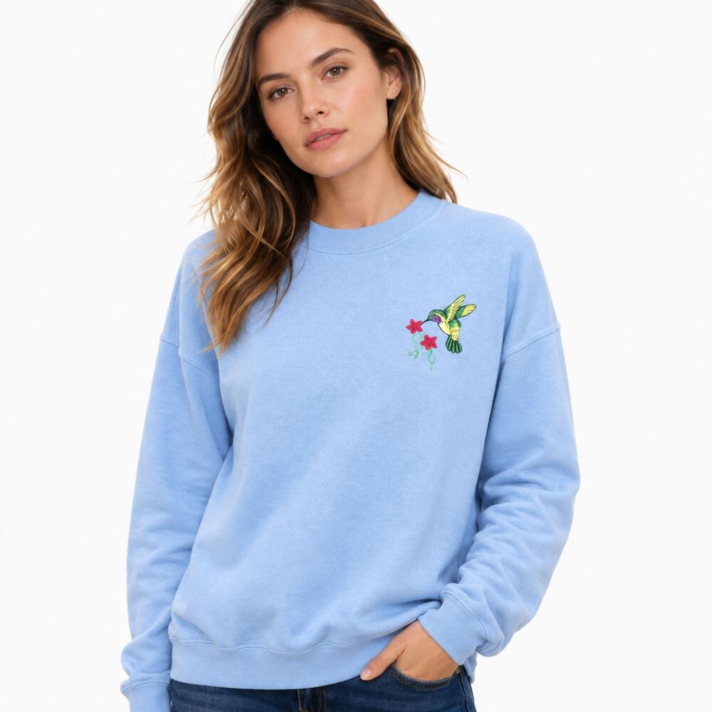 Vintage Jerzees Blue Embroidered Hummingbird Sweatshirt XL Retro Bird Floral